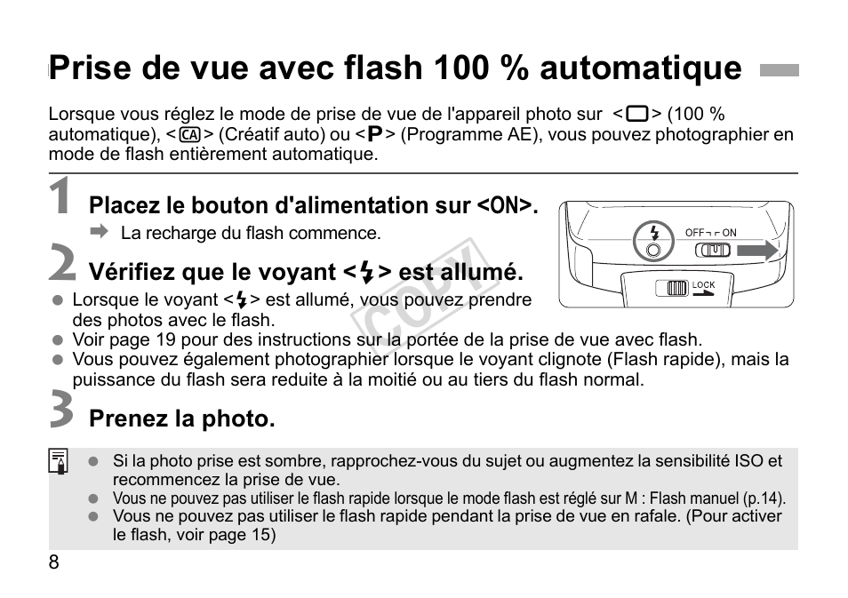 Cop y, Prise de vue avec flash 100 % automatique | Canon Speedlite 270EX User Manual | Page 34 / 76