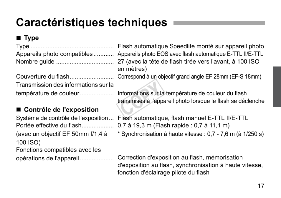 Cop y, Caractéristiques techniques | Canon Speedlite 270EX User Manual | Page 43 / 76