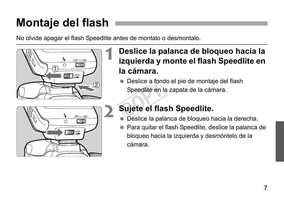 Cop y, Montaje del flash | Canon Speedlite 270EX User Manual | Page 57 / 76