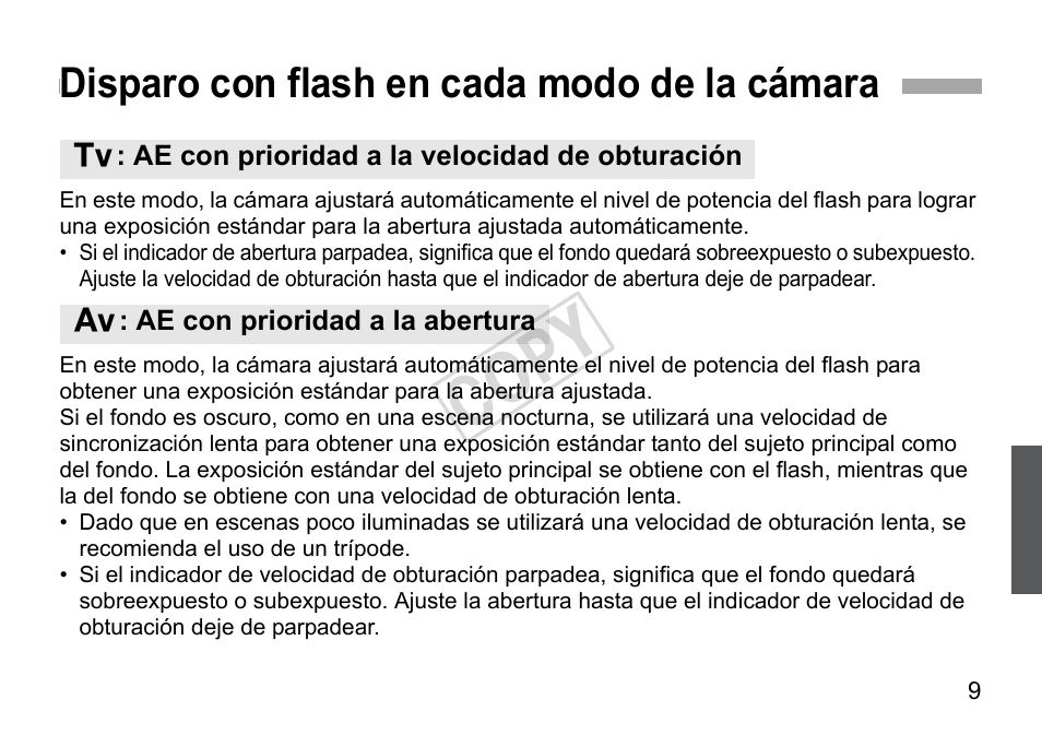 Cop y, Disparo con flash en cada modo de la cámara | Canon Speedlite 270EX User Manual | Page 59 / 76