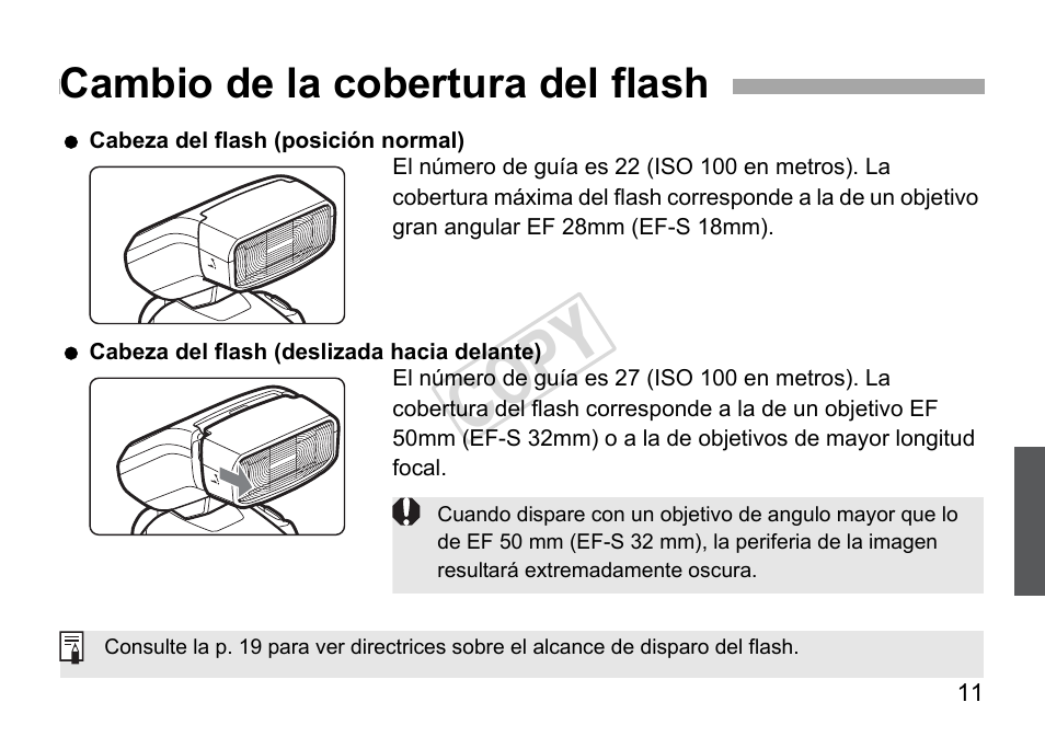 Cop y, Cambio de la cobertura del flash | Canon Speedlite 270EX User Manual | Page 61 / 76