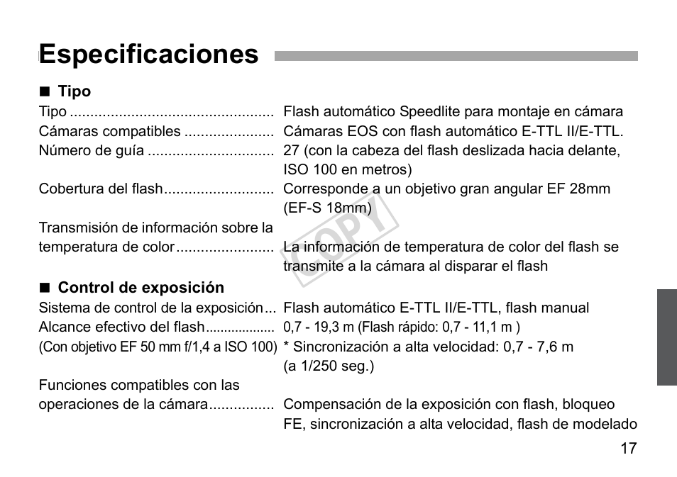 Cop y, Especificaciones | Canon Speedlite 270EX User Manual | Page 67 / 76