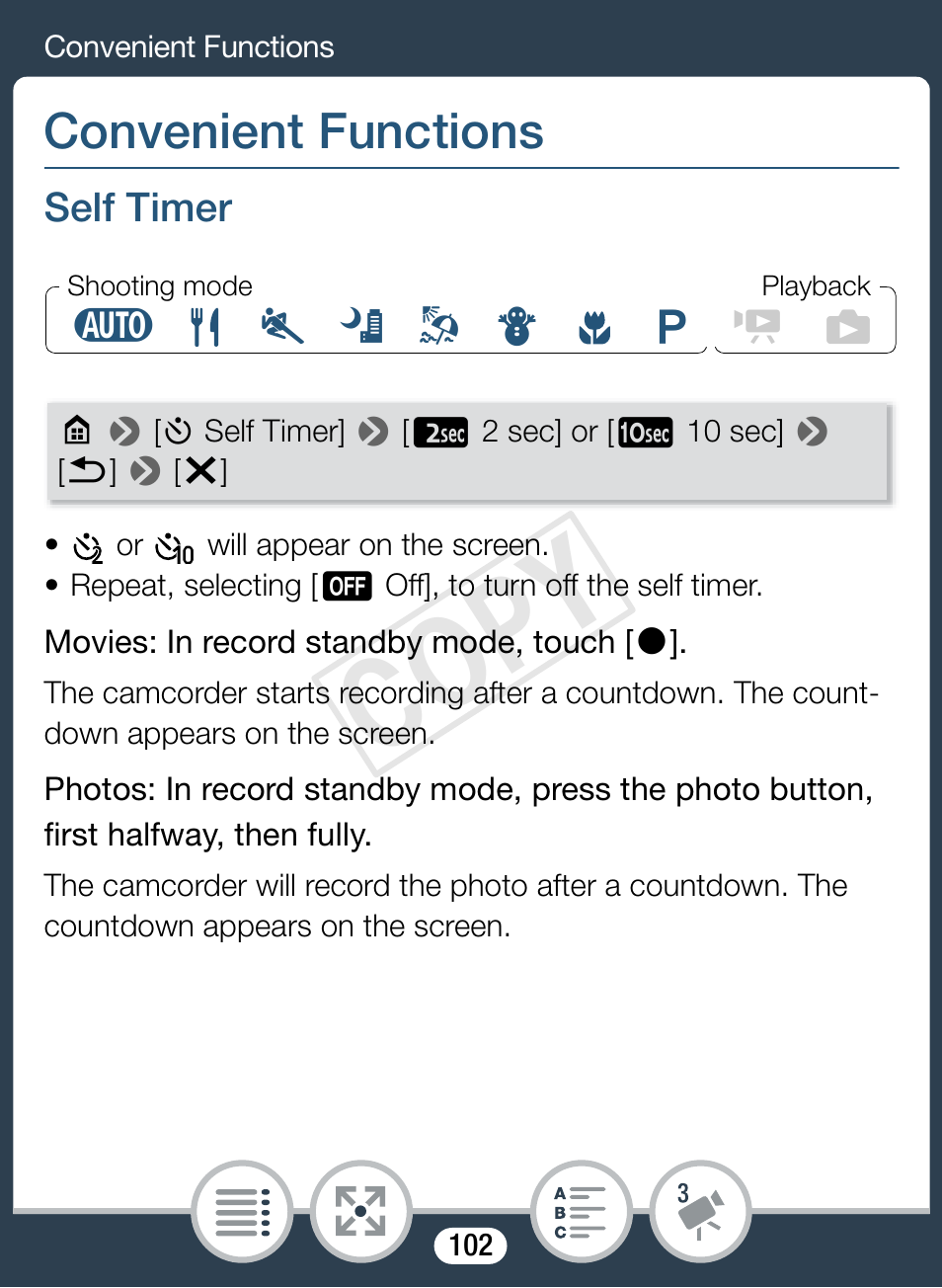 Convenient functions, Self timer, Cop y | Canon VIXIA mini User Manual | Page 102 / 253