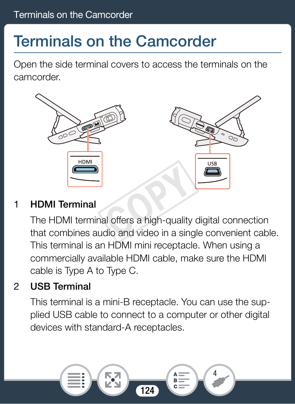 Terminals on the camcorder, Cop y | Canon VIXIA mini User Manual | Page 124 / 253