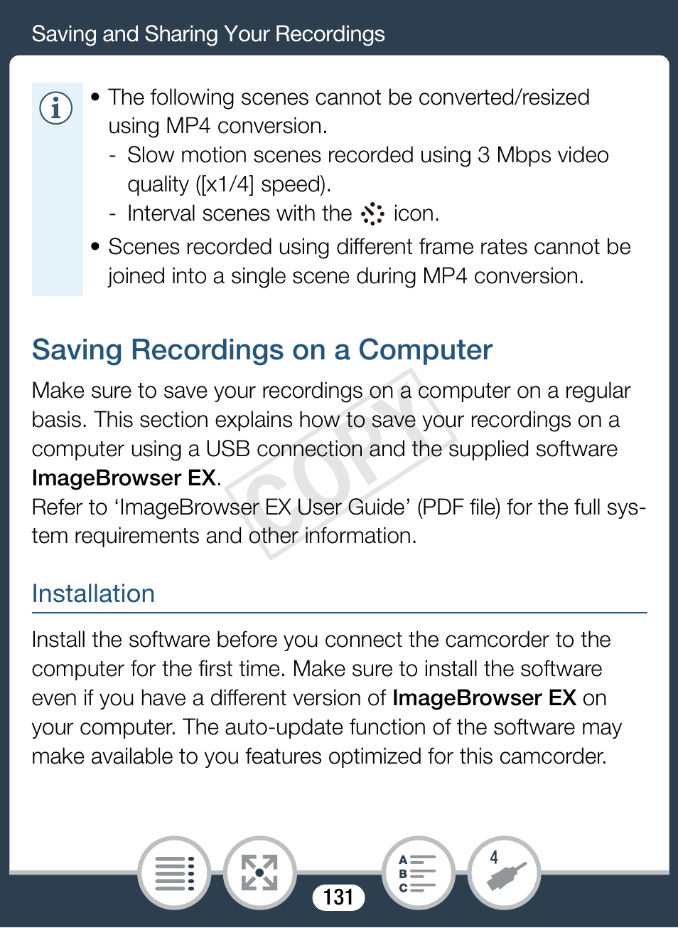 Saving recordings on a computer, Cop y | Canon VIXIA mini User Manual | Page 131 / 253