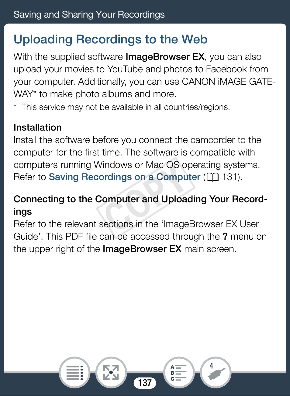 Uploading recordings to the web, Cop y | Canon VIXIA mini User Manual | Page 137 / 253
