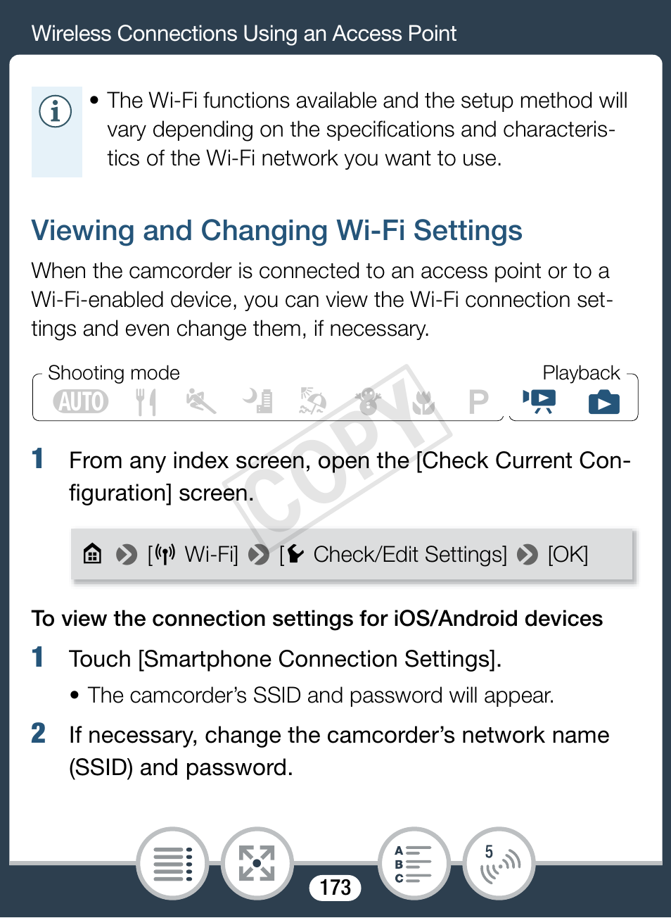 Viewing and changing wi-fi settings, Cop y | Canon VIXIA mini User Manual | Page 173 / 253