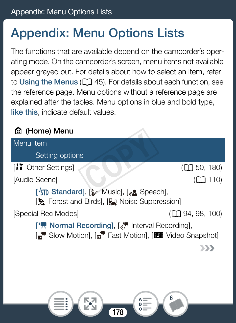 Appendix: menu options lists, Cop y | Canon VIXIA mini User Manual | Page 178 / 253
