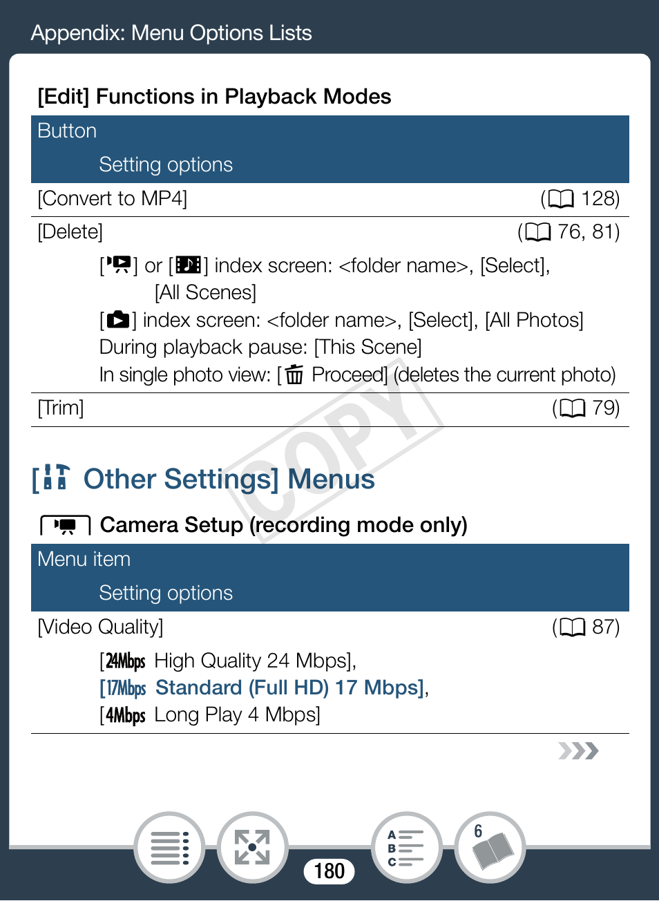 Other settings] menus, 1 other settings] menus, Cop y | Canon VIXIA mini User Manual | Page 180 / 253