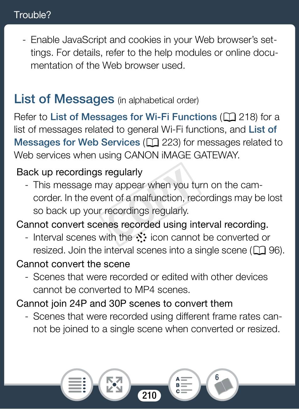 List of messages, Cop y | Canon VIXIA mini User Manual | Page 210 / 253