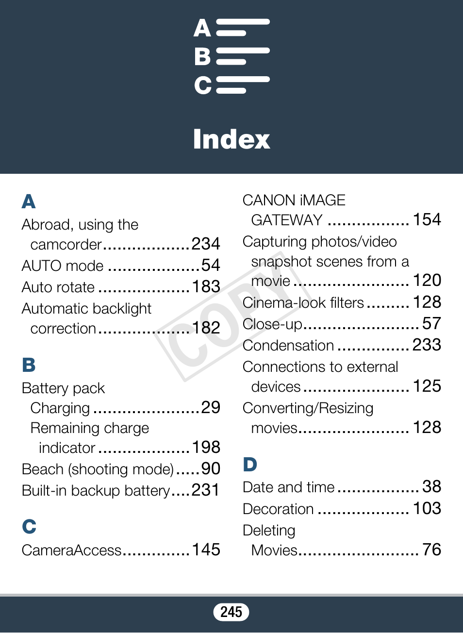 Index, C op y | Canon VIXIA mini User Manual | Page 245 / 253