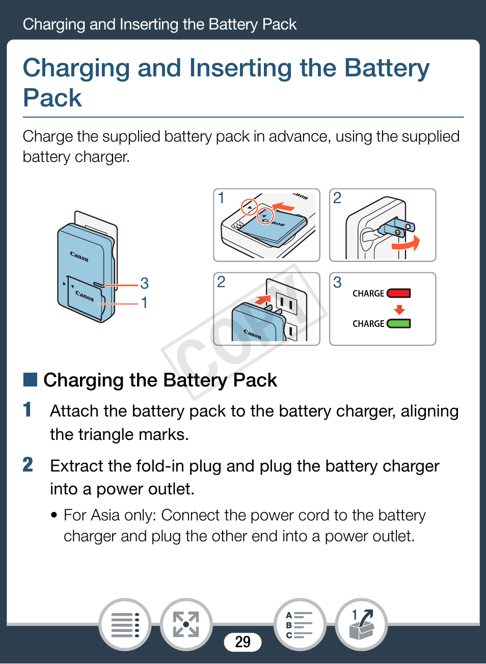 Charging and inserting the battery pack, Cop y | Canon VIXIA mini User Manual | Page 29 / 253
