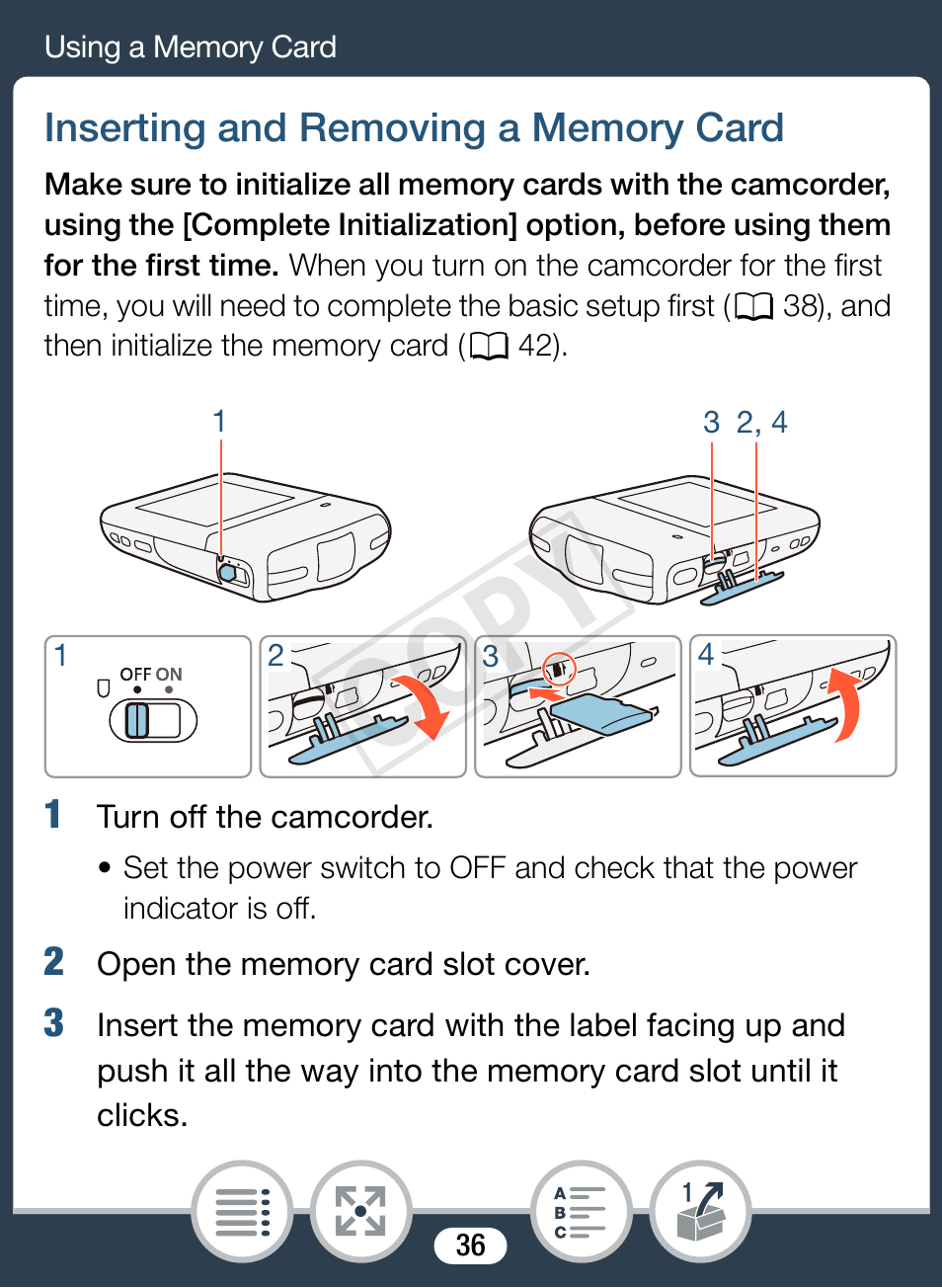 Inserting and removing a memory card, Cop y | Canon VIXIA mini User Manual | Page 36 / 253