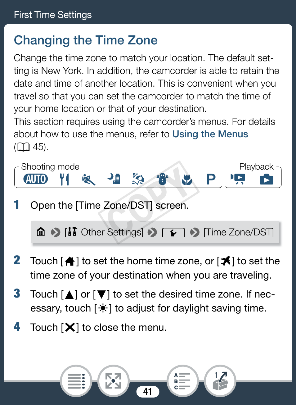 Changing the time zone, Cop y | Canon VIXIA mini User Manual | Page 41 / 253