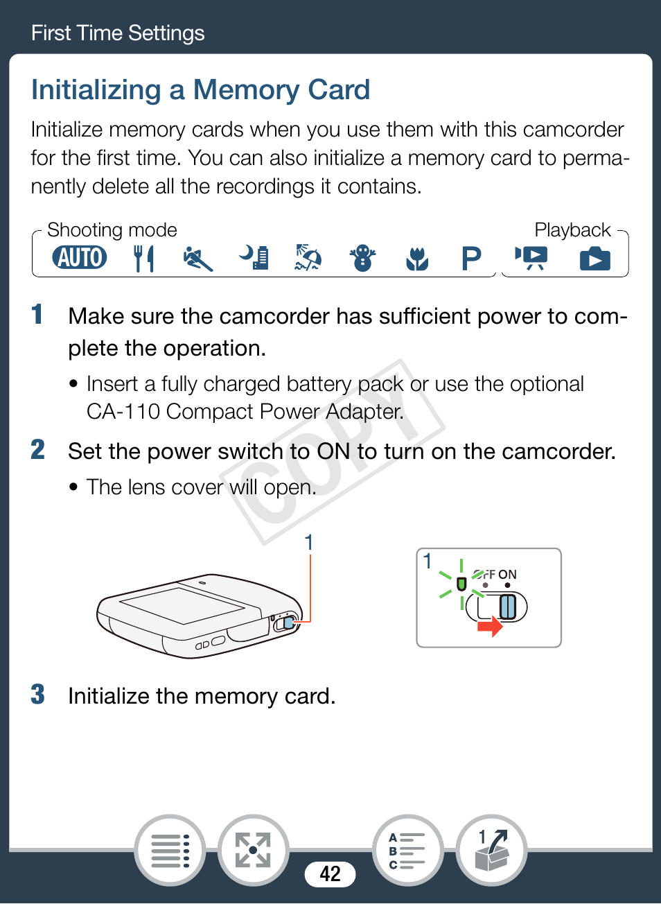 Initializing a memory card, Cop y | Canon VIXIA mini User Manual | Page 42 / 253