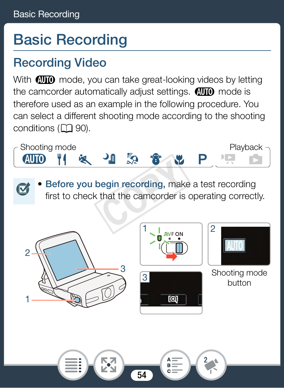 Basic recording, Recording video, Cop y | Canon VIXIA mini User Manual | Page 54 / 253