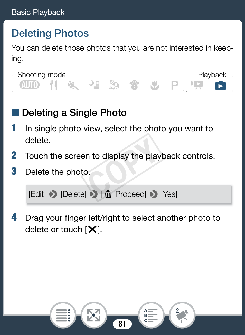Deleting photos, Cop y | Canon VIXIA mini User Manual | Page 81 / 253