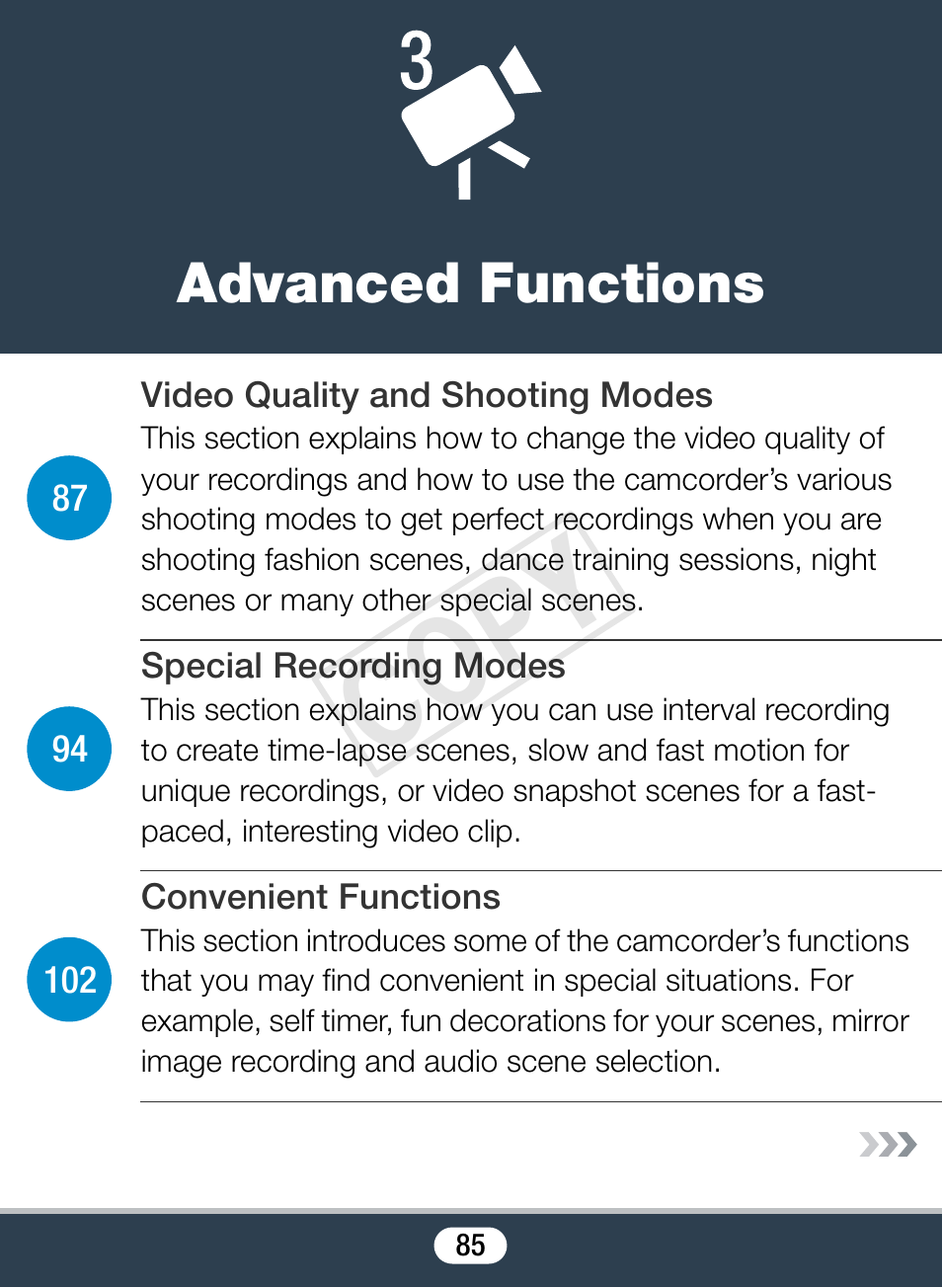Advanced functions, C op y | Canon VIXIA mini User Manual | Page 85 / 253