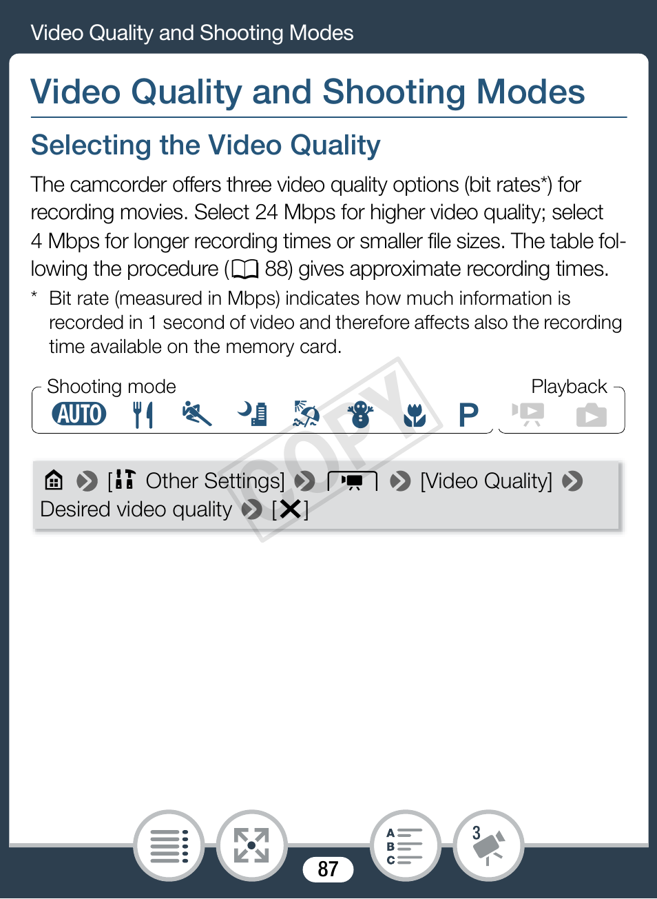 Video quality and shooting modes, Selecting the video quality, Cop y | Canon VIXIA mini User Manual | Page 87 / 253