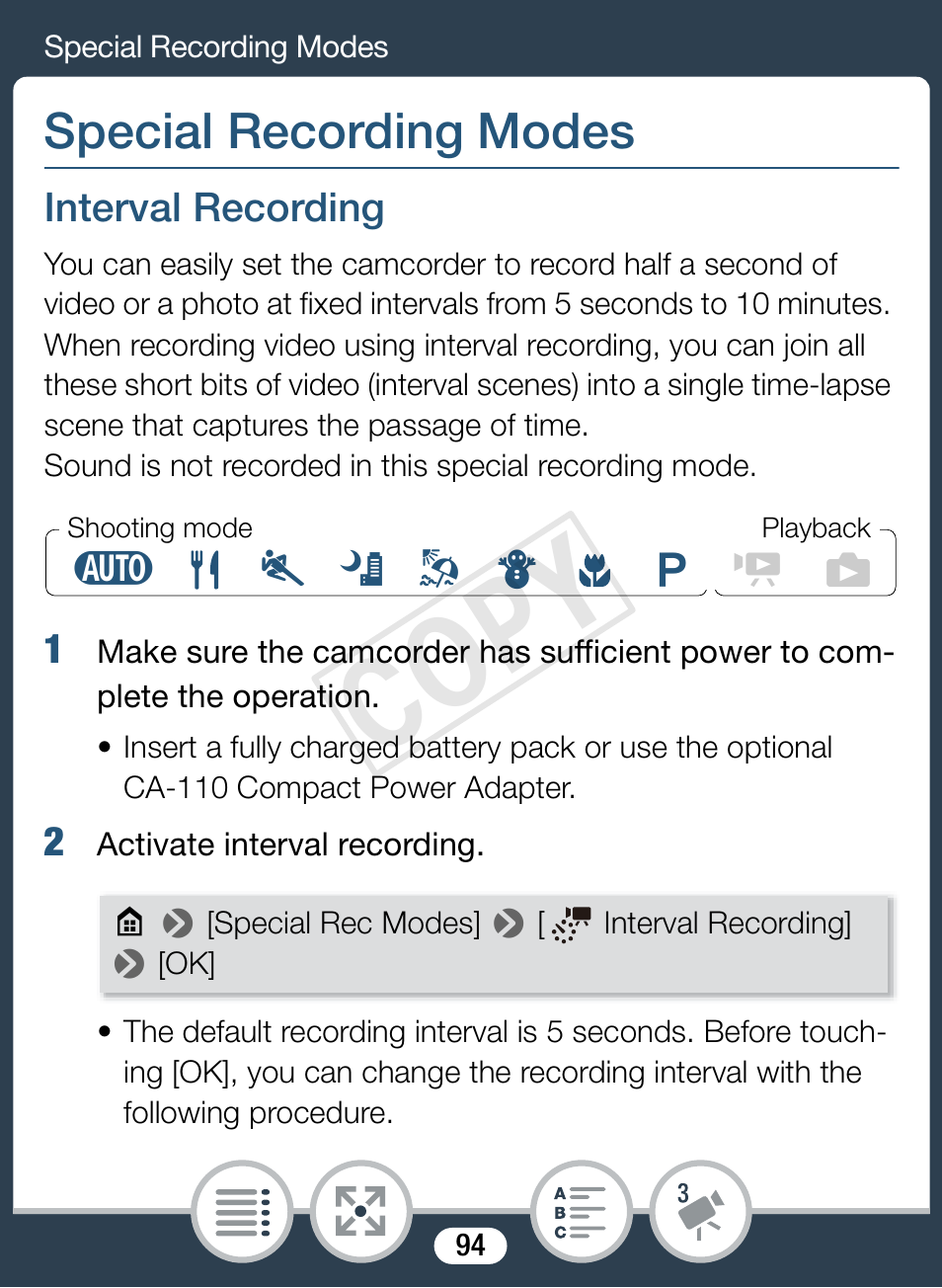 Special recording modes, Interval recording, Cop y | Canon VIXIA mini User Manual | Page 94 / 253