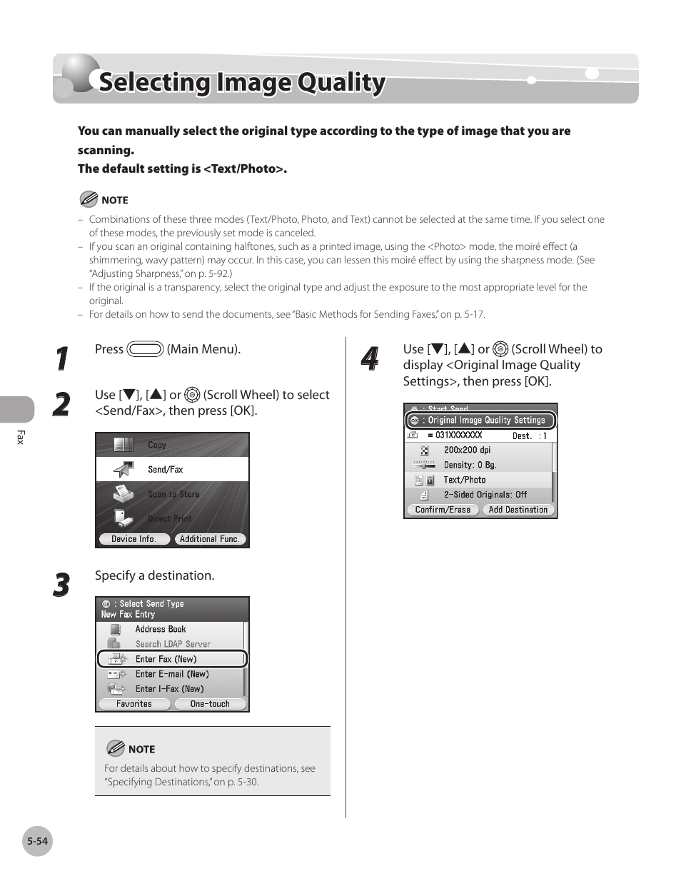Selecting image quality, Selectng image qualty -54, Selecting image quality -54 | Ee “selecting, Image quality,” on p. 5-54.) | Canon Color imageCLASS MF9280Cdn User Manual | Page 275 / 548