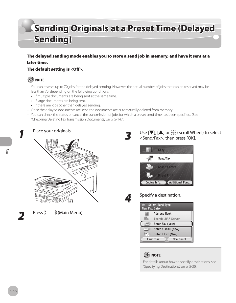 Sendng orgnals at a preset tme, Delayed sendng) -58, P. 5-58) | Ee “sending, Originals at a preset time (delayed sending), On p. 5-58.) | Canon Color imageCLASS MF9280Cdn User Manual | Page 279 / 548