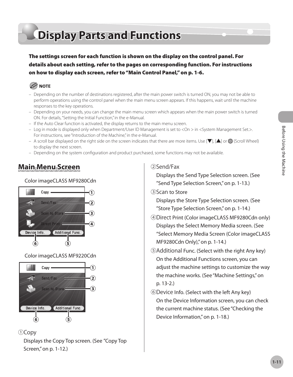 Display parts and functions, Main menu screen, Dsplay parts and functons -11 | Main menu screen -11, Display parts and functions -11 | Canon Color imageCLASS MF9280Cdn User Manual | Page 36 / 548