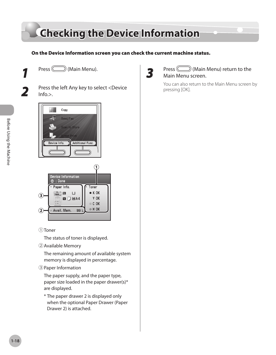 Checking the device information, Checkng the devce informaton -18, Checking the device information -18 | Checking the device information,” on p. 1-18 | Canon Color imageCLASS MF9280Cdn User Manual | Page 43 / 548