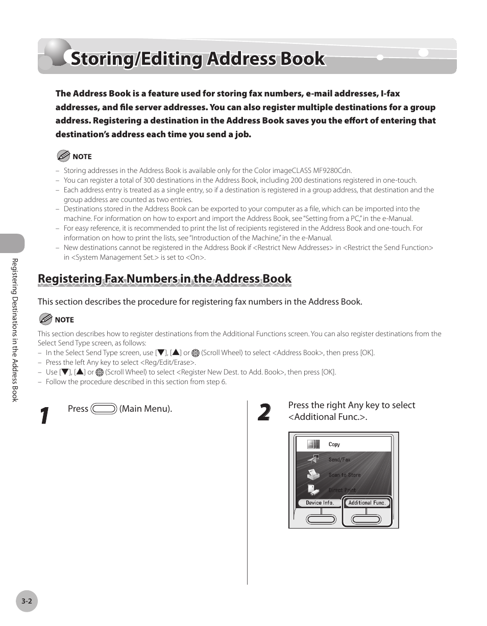 Storing/editing address book, Registering fax numbers in the address book, Storng/edtng address book -2 | Registering fax numbers in the, Address book -2, Storing/editing address book -2, Registering fax numbers in the address book -2 | Canon Color imageCLASS MF9280Cdn User Manual | Page 85 / 548