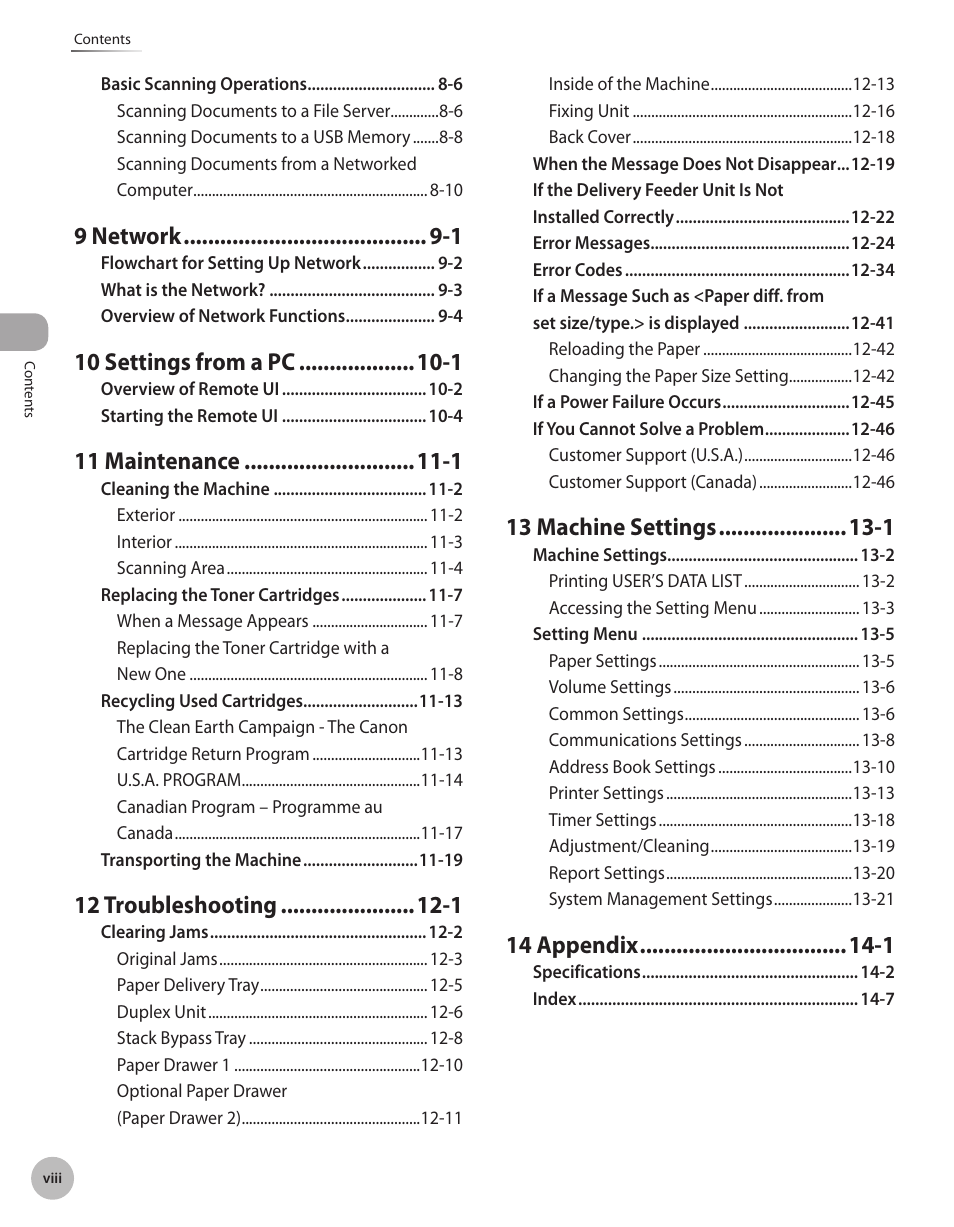 9 network -1, 10 settings from a pc -1, 11 maintenance -1 | 12 troubleshooting -1, 13 machine settings -1, 14 appendix -1 | Canon Color imageCLASS MF9280Cdn User Manual | Page 9 / 548