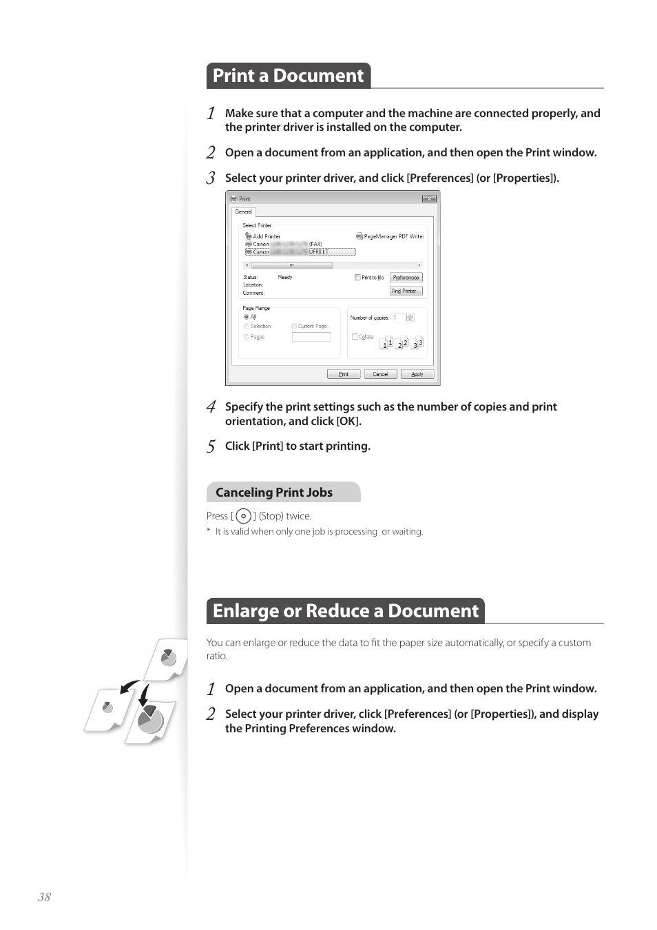 Print a document, Enlarge or reduce a document, Print a document 1 | Canon FAXPHONE L190 User Manual | Page 38 / 100