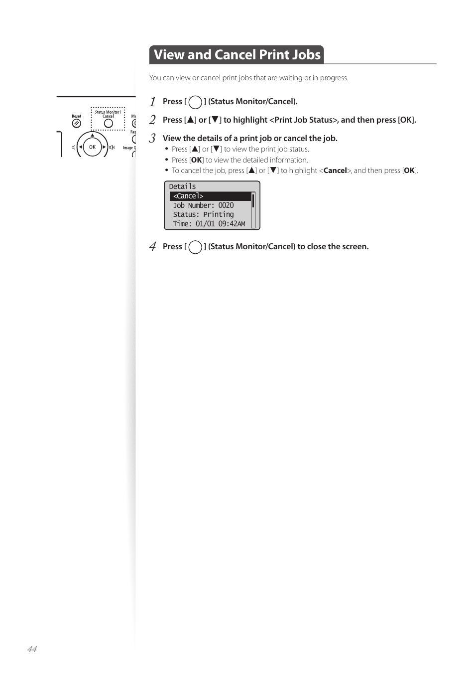 View and cancel print jobs, View and cancel print jobs …………………………………………… 44 | Canon FAXPHONE L190 User Manual | Page 44 / 100