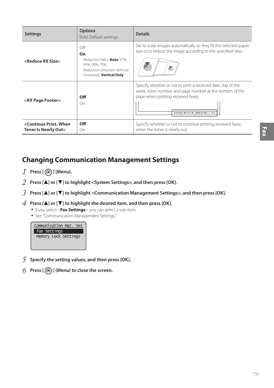 Changing communication management settings, Fa x | Canon FAXPHONE L190 User Manual | Page 79 / 100