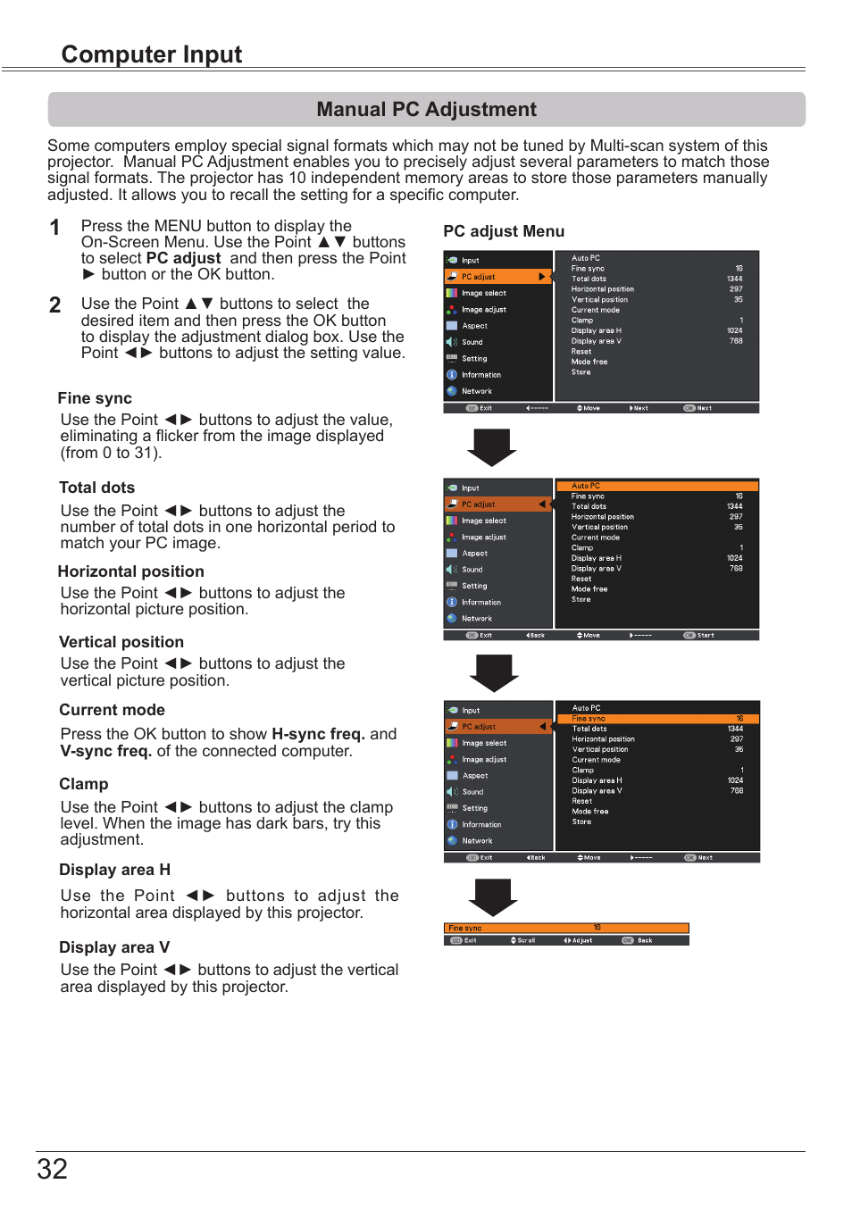 Manual pc adjustment, Computer input | Canon LV-8320 User Manual | Page 32 / 81