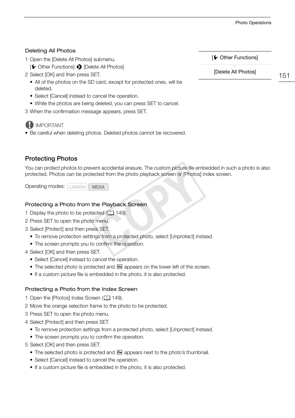 Protecting photos, Protecting photos 151, Cop y | Canon EOS C300 PL User Manual | Page 151 / 196
