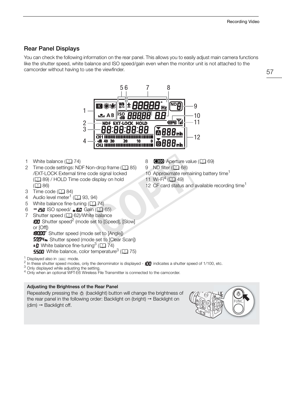 Rear panel displays, Rear panel displays 57, Cop y | Canon EOS C300 PL User Manual | Page 57 / 196