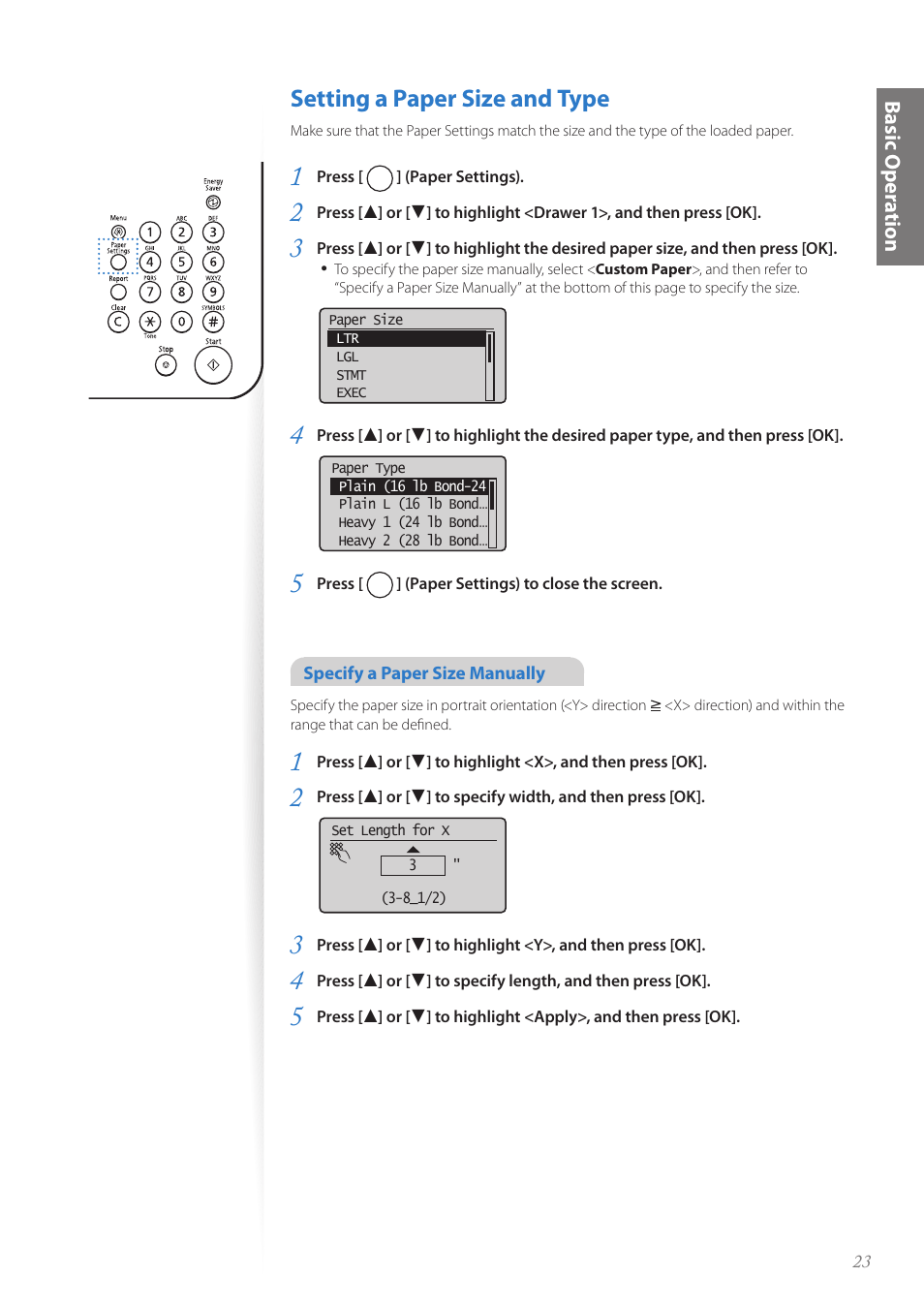 Setting a paper size and type, Setting a paper size and type ……………………………………… 23, P.23 | Basic oper a tion | Canon FAXPHONE L100 User Manual | Page 23 / 96