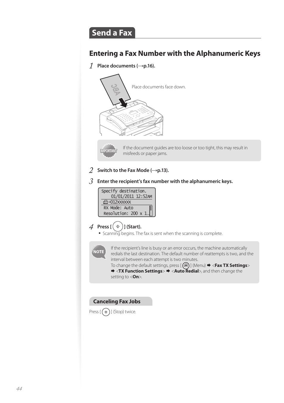 Send a fax, Entering a fax number with the alphanumeric keys, Send a fax …………………………………………………………… 44 | Canon FAXPHONE L100 User Manual | Page 44 / 96