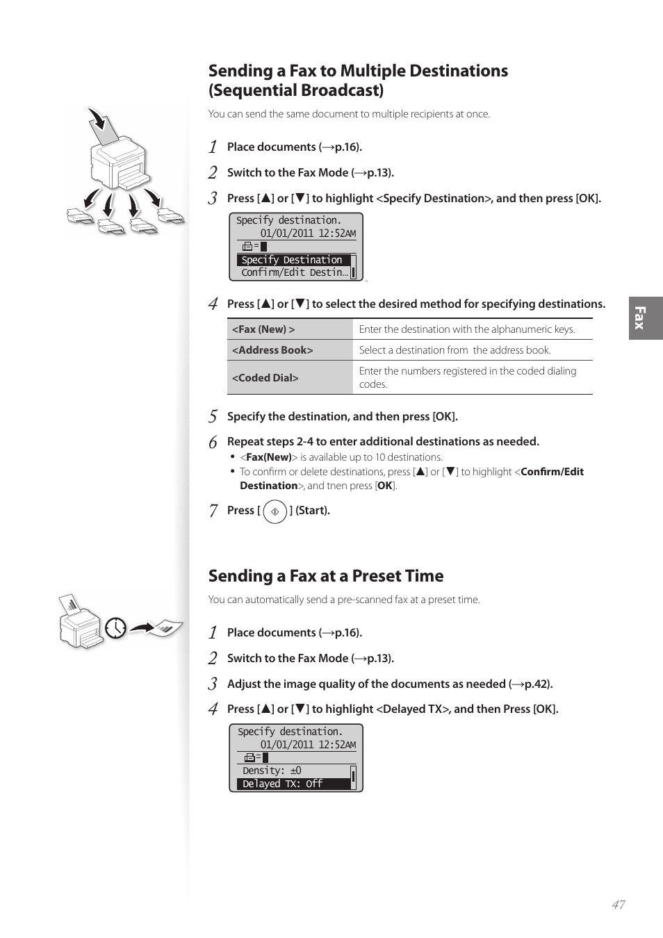 Sending a fax at a preset time, P.47, Fa x | Canon FAXPHONE L100 User Manual | Page 47 / 96