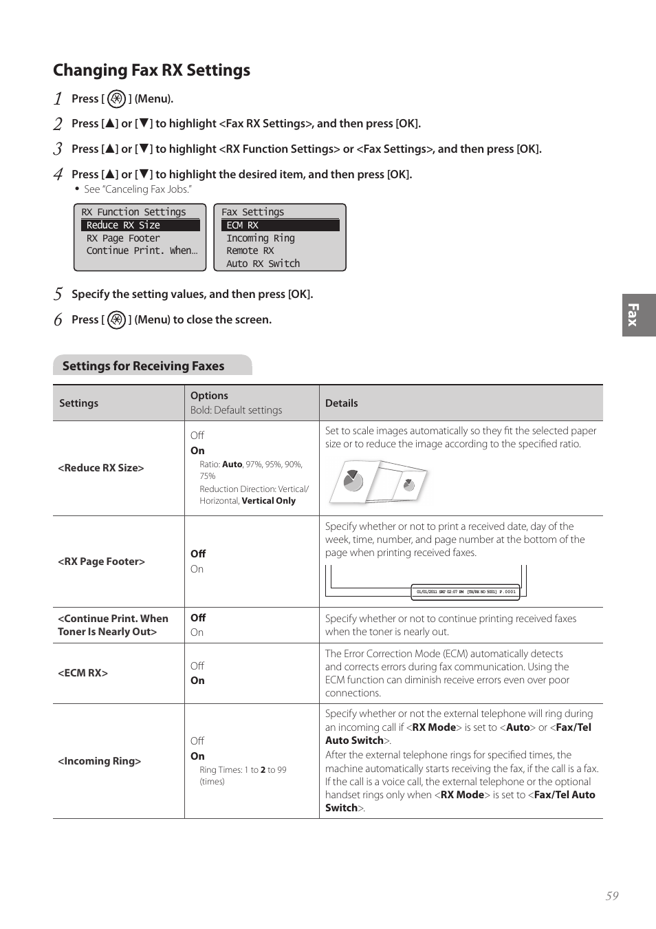Changing fax rx settings, Changing fax rx settings …………………………………………… 59, Fa x | Canon FAXPHONE L100 User Manual | Page 59 / 96