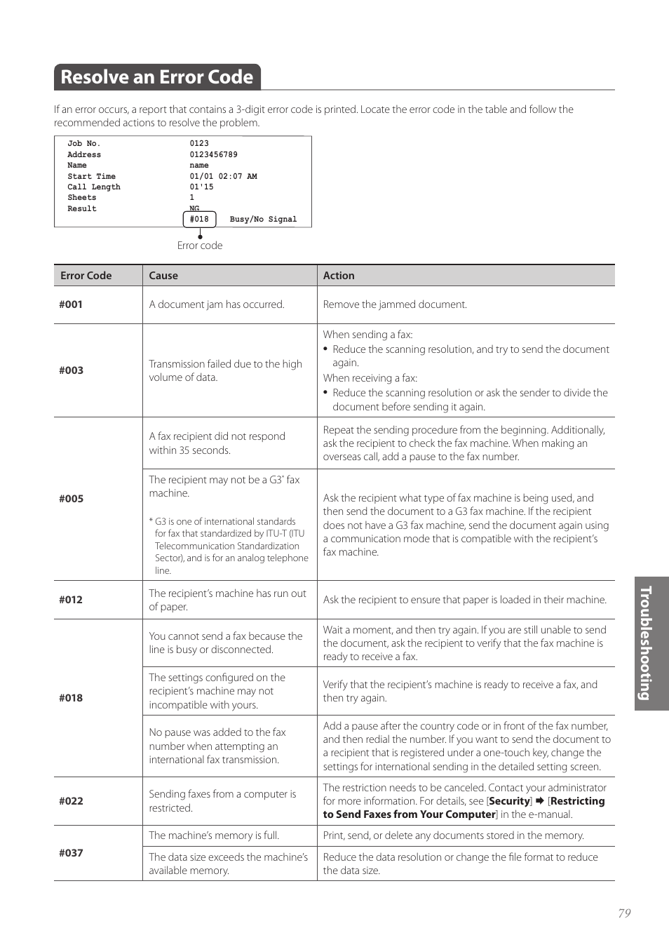 Resolve an error code, Resolve an error code ………………………………………………… 79 | Canon FAXPHONE L100 User Manual | Page 79 / 96