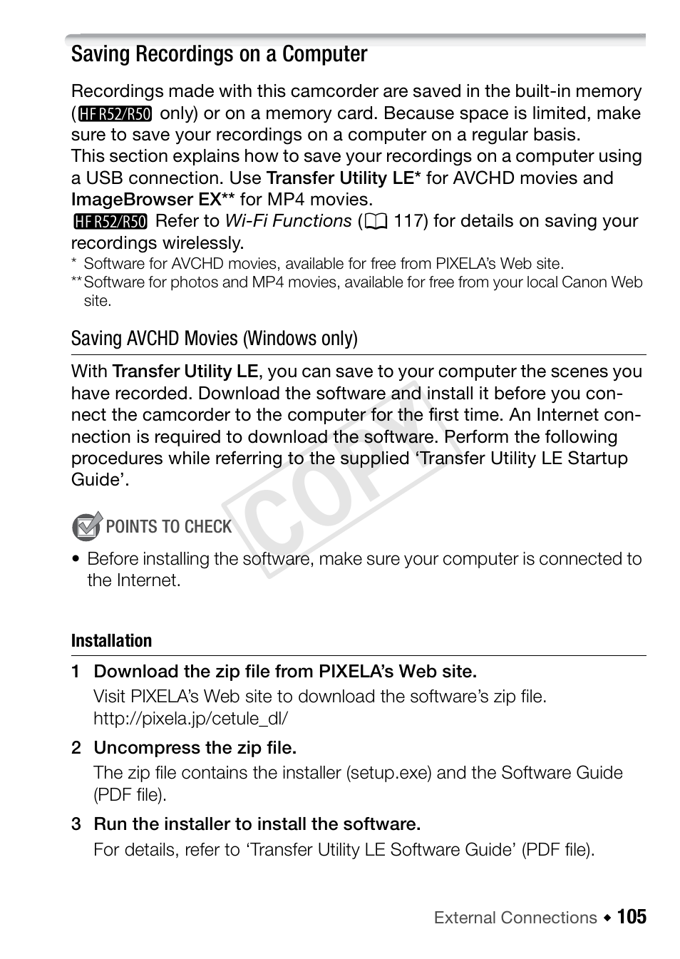 Saving recordings on a computer, Saving avchd movies (windows only), Cop y | Canon VIXIA HF R52 User Manual | Page 105 / 200