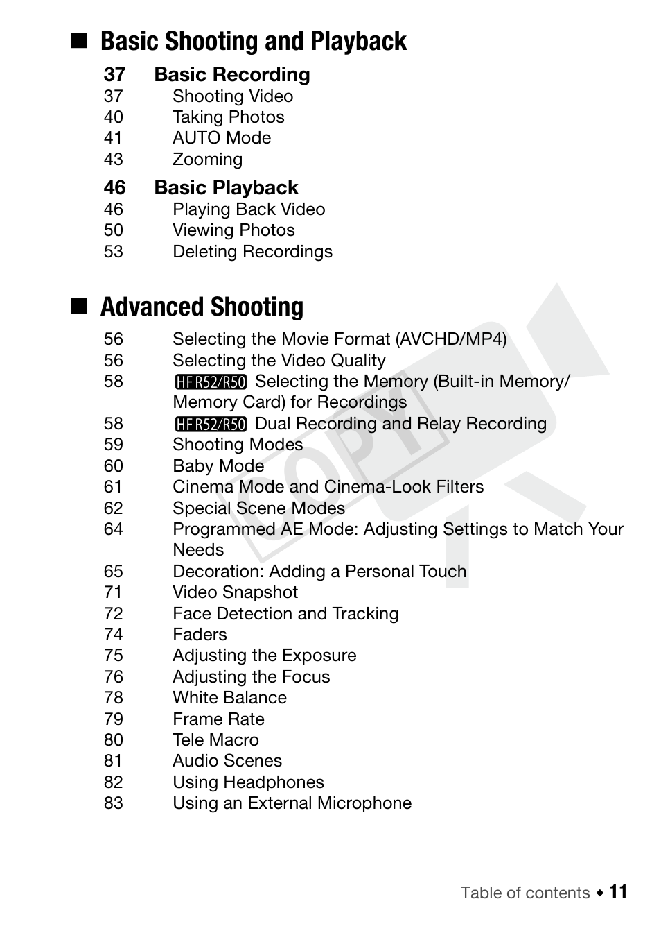 C op y, Basic shooting and playback, Advanced shooting | Canon VIXIA HF R52 User Manual | Page 11 / 200