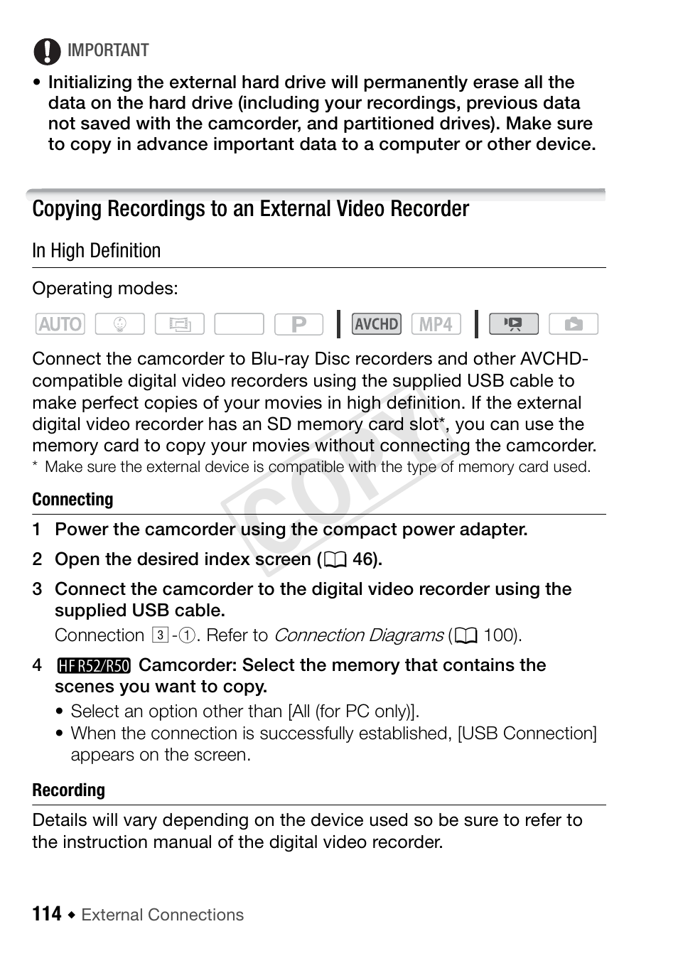 Copying recordings to an external video recorder, Cop y | Canon VIXIA HF R52 User Manual | Page 114 / 200