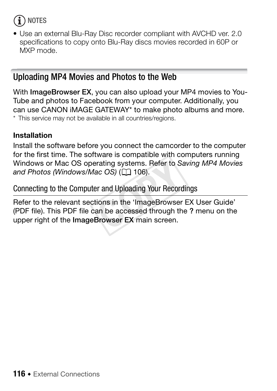 Uploading mp4 movies and photos to the web, Cop y | Canon VIXIA HF R52 User Manual | Page 116 / 200