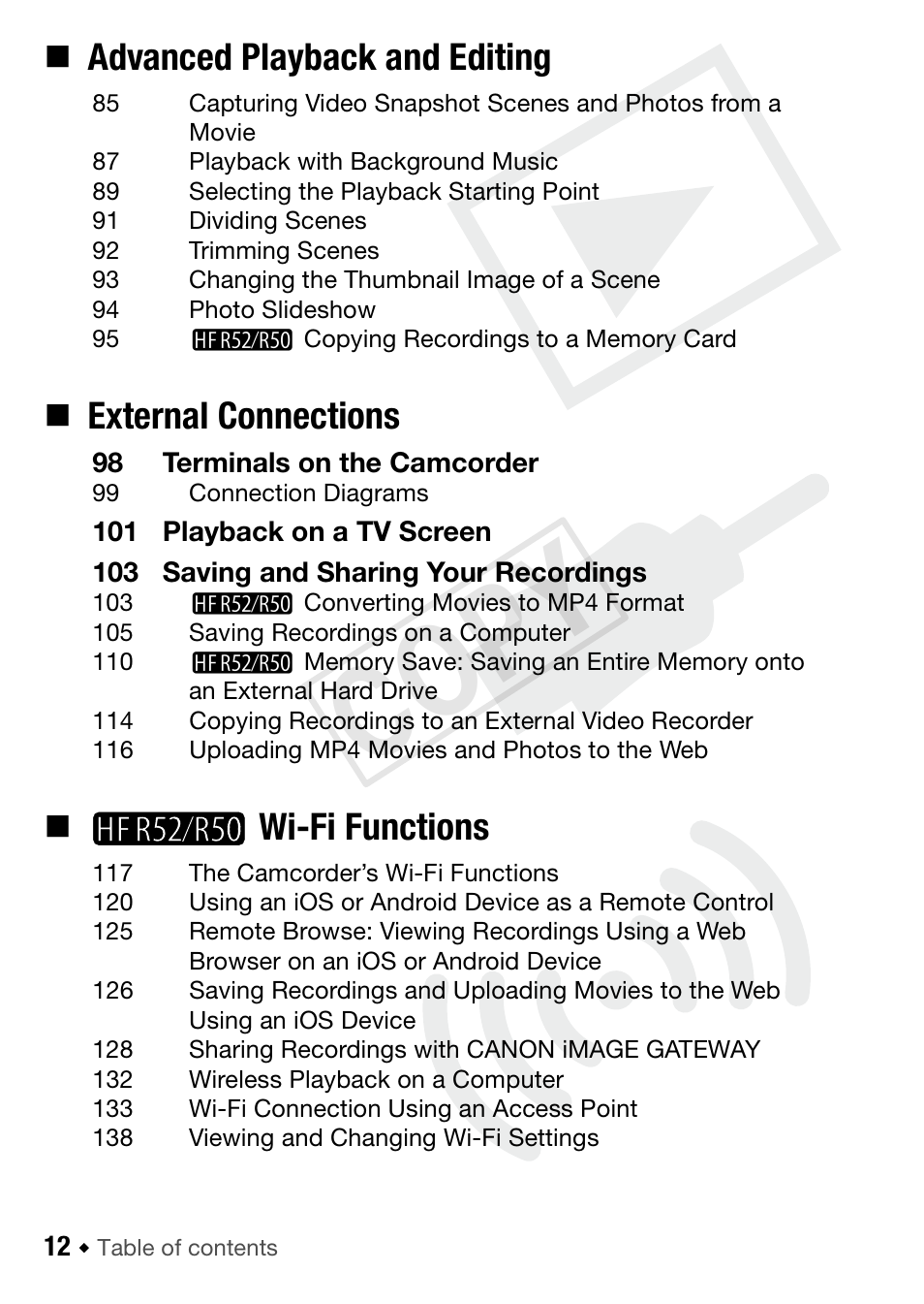 C op y, Advanced playback and editing, External connections | B wi-fi functions | Canon VIXIA HF R52 User Manual | Page 12 / 200