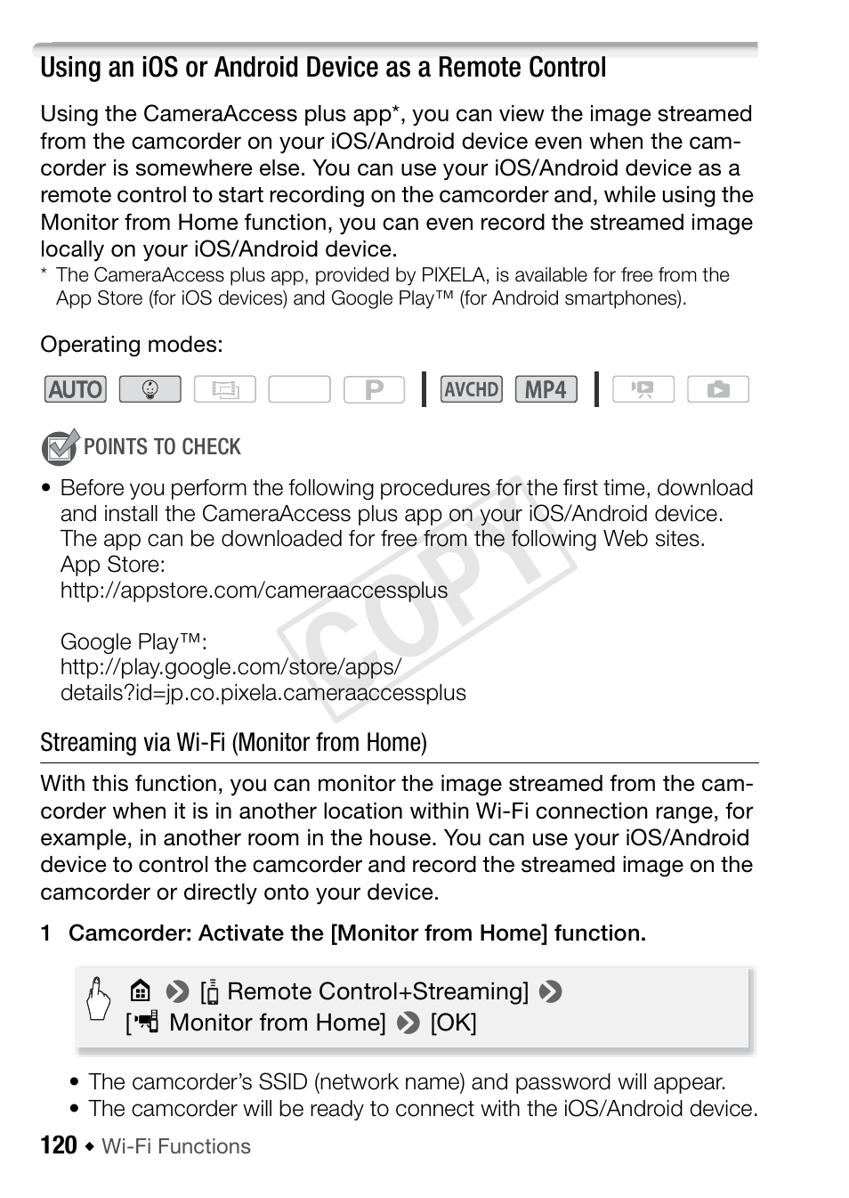 Using an ios or android device as a remote control, C op y | Canon VIXIA HF R52 User Manual | Page 120 / 200