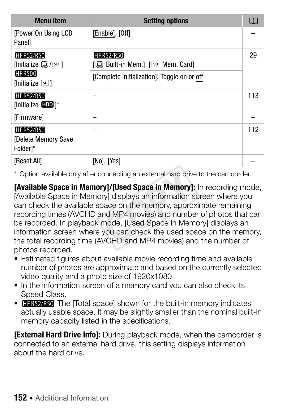 Cop y | Canon VIXIA HF R52 User Manual | Page 152 / 200