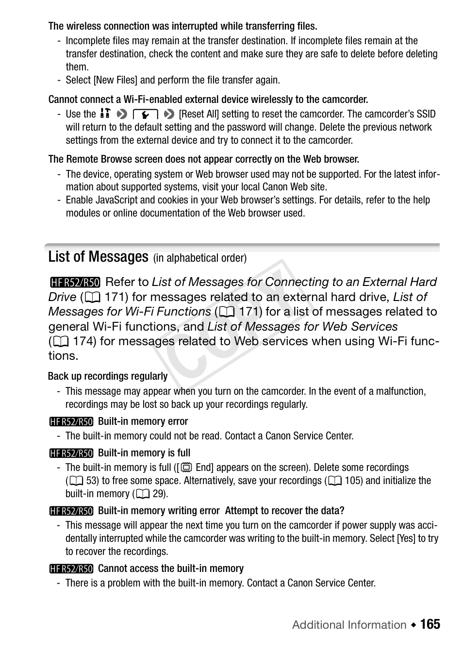 List of messages, Cop y | Canon VIXIA HF R52 User Manual | Page 165 / 200