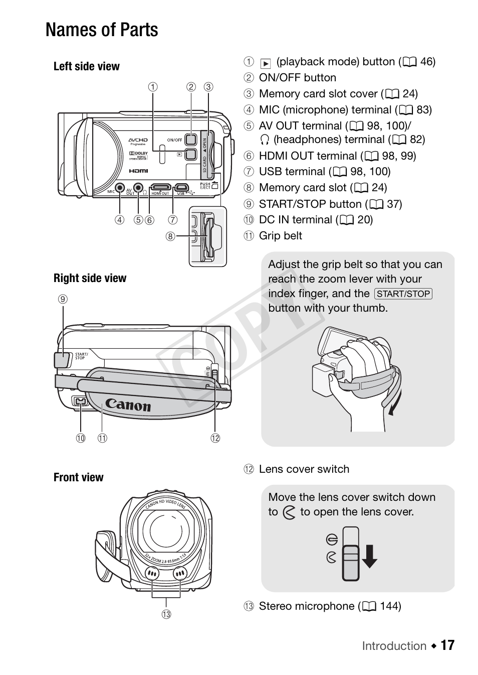 Names of parts, Cop y | Canon VIXIA HF R52 User Manual | Page 17 / 200